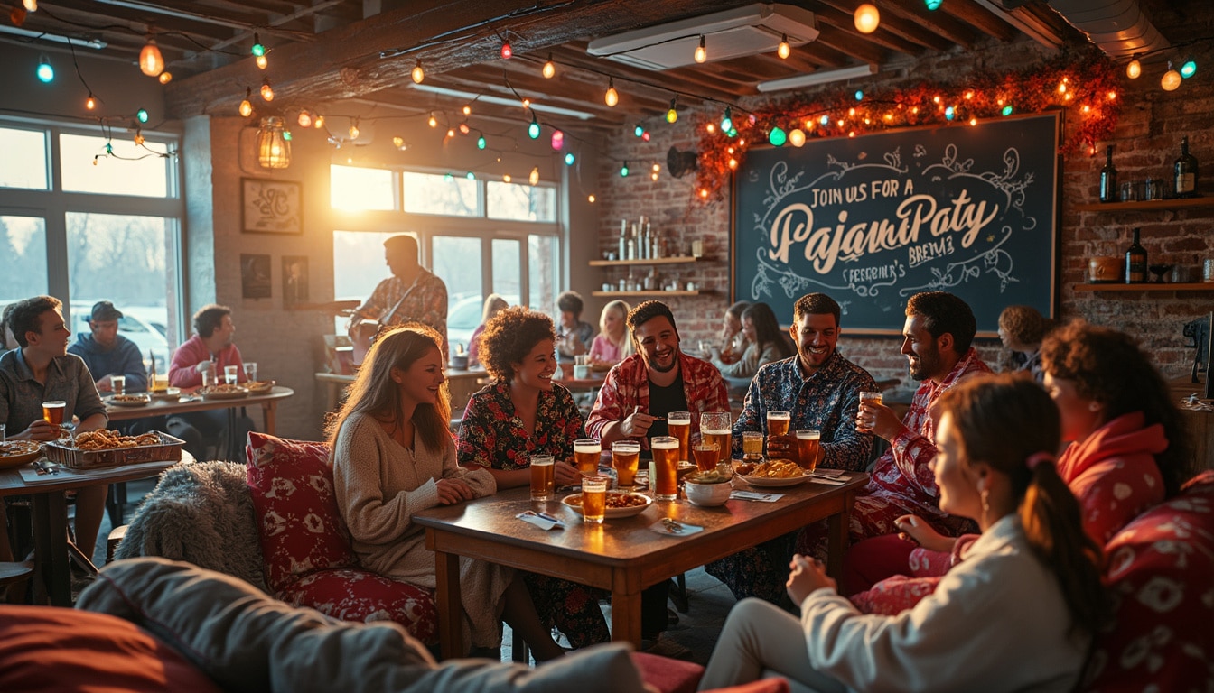 rejoignez-nous pour une soirée pyjama inoubliable chez reuben's brews le samedi 1er février ! vivez une expérience conviviale avec des bières artisanales, des jeux amusants et des collations délicieuses. ne manquez pas cette occasion de vous amuser entre amis dans une ambiance chaleureuse !